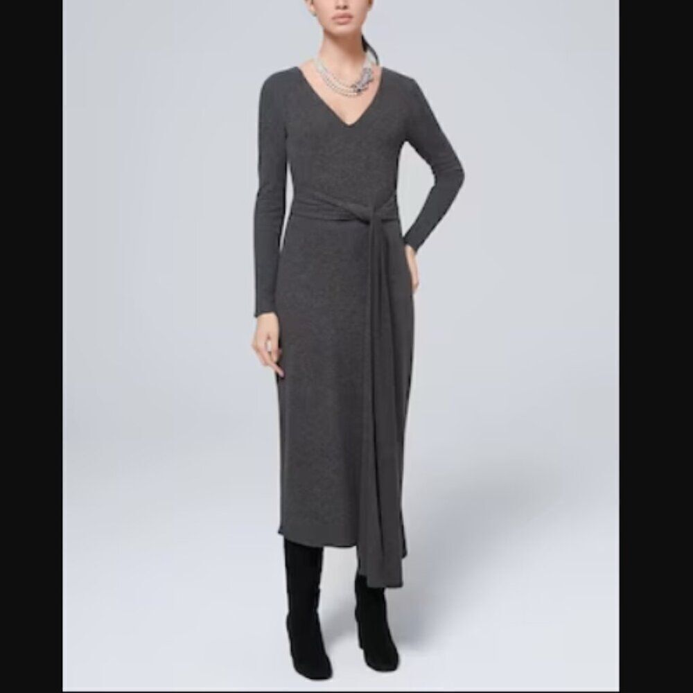 NWT White House Black Market Cozy Midi Dress with Twisted Belt in Gray | Size S